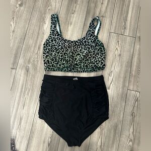 Green Leopard Print Bikini Top with Black High-Waist Bottom - Women's Swim Set